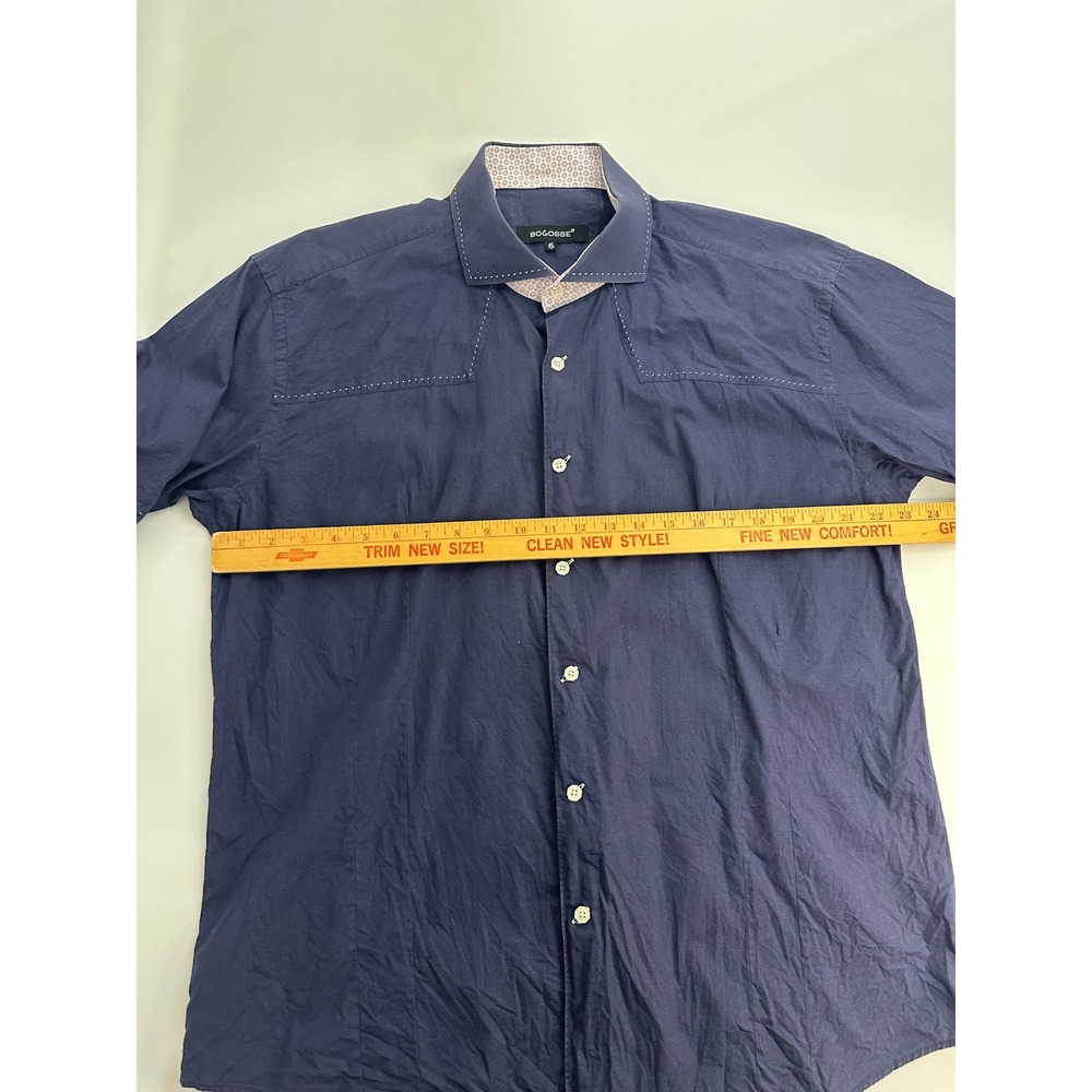 Bogosse Men's Short Sleeve Button Up Shirt Patterned Trim Size 6 Blue Casual - Picture 3 of 5